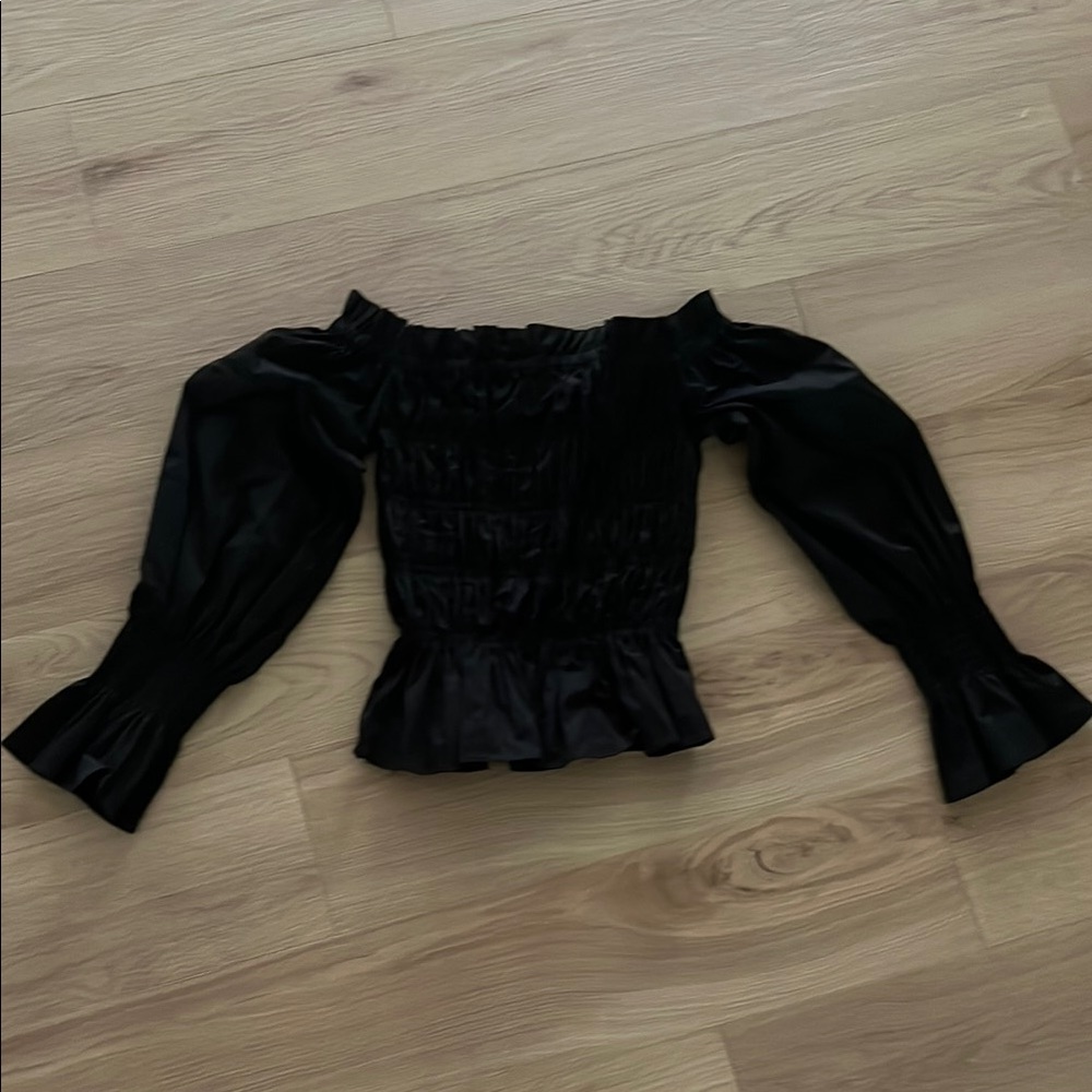 House of Harlow 1960 Black Smocked Peplum Blouse